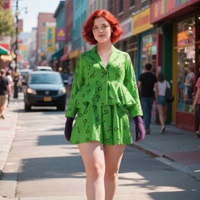 Woman Riddler Cosplay Costume Gotham Green Coat Skirt Hat Riddler Outfit - Image 1 of 4