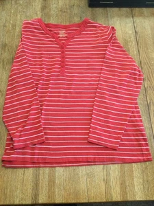 Damen gestreift L.L. Bean Langarmshirt 1X V-Ausschnitt, 3/4 Knopf rot weiß hellbraun - Bild 1 von 3
