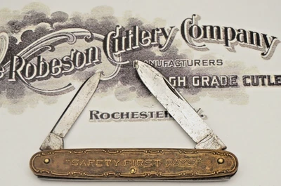 Antique ROBESON SHUREDGE Senator Penknife Coined Brass Handles SAFETY AWARD - Image 1 of 4