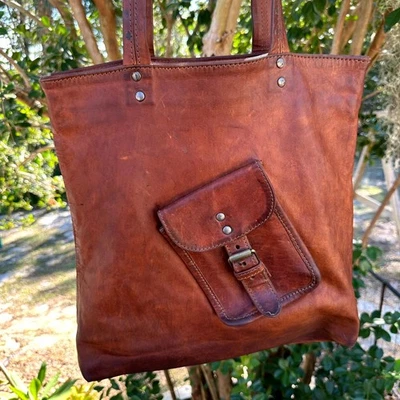 Vintage Brown Rustic Genuine Leather Women's Tote Handbag with Exterior Pocket - Image 1 of 4