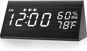 Digital Alarm Clock, with Wooden Electronic LED Time Display, 3 Alarm Settings, - Picture 1 of 7