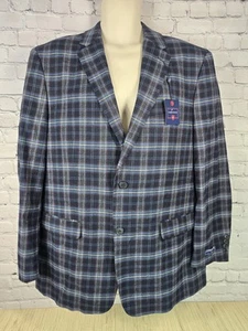 Saddlebred 44R Cotton Navy Blue Plaid Blazer Sport Coat Suit Jacket 2 Button - Picture 1 of 20