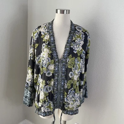 Free People Jacket Womens Medium Large Black Blue Floral Boho Kimono Pockets Zip - Image 1 of 4