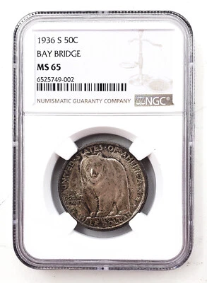 1936 S Bay Bridge Commemorative Silver Half Dollar US Mint 50c NGC MS 65 Z11 - Image 1 of 2
