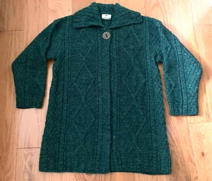 CARRAIG DONN 100% Reine Schurwolle Grün Zopfmuster Cardigan Pullover Gr. L SCHÖN - Bild 1 von 9