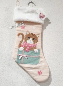 Christmas Pastel Pink Kitty Cat Stocking 22" Home Mantel Decor NEW - Picture 1 of 3