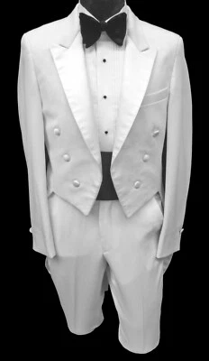 Tailcoat smoking branco masculino tamanho 3 com calça cetim pico lapelas 20" cintura  - Imagem 1 de 4