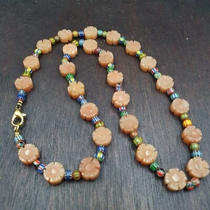 Antique Allure Vintage Yellow Carving Aventurine and Venetian Chevron Beads Mala - Picture 1 of 9