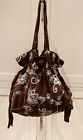 East Brown & Cream Fabric Embroidered Draw String Bohemian Summer Slouch Bag