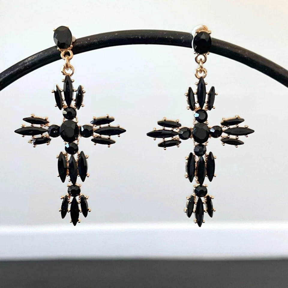 Pendientes Cruz Mujer Pendientes Cristal Negro Regalo para Mujer Pendientes Cruz Grande Foto 1 de 3