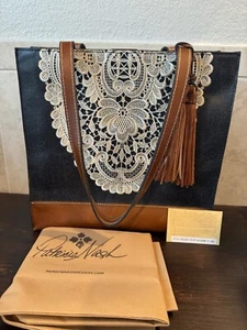 Patricia Nash Toscano Crochet Embroidery Blue Canvas Leather Double Handle Tote - Picture 1 of 9