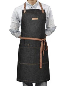 Kitchen Cooking Apron With 3 Pockets For Men Women Professional Black Bib Aprons - Picture 1 of 8