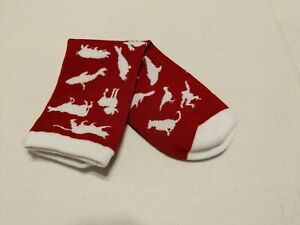 Ladies 9-11 SOCKS - Red w/ White Animal Graphics, cow, shark, dog, bird, gorilla