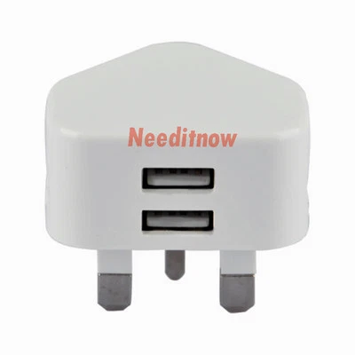WHITE DOUBLE USB UK AC WALL PLUG CHARGER ADAPTER 2A FOR ALL iPhones SAMSUNG HTC  - Image 1 of 2