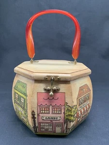 Vintage gefütterte Achteck Decoupage Holz Box Handtasche Lucite gedrehter Griff - Bild 1 von 12