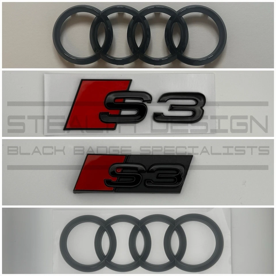Fits Audi S3 8V Full Gloss Black Badge Set Front & Rear Rings Grille - Image 1 of 1
