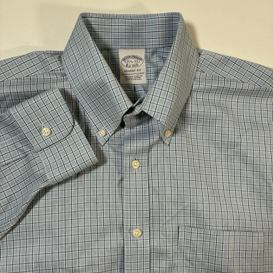Brooks Brothers Regent Shirt 15.5 33 Blue Plaid Oxford Button Non Iron Stretch - Image 1 of 4