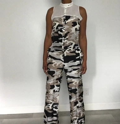 JC de CASTELBAJAC MONO MUJER SEDA 36 PEQUEÑO Blanco MARRÓN GRIS CAMUFLAJE Patrón Foto 1 de 4