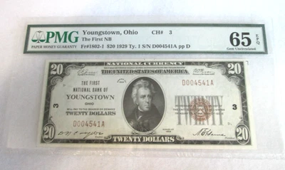 Charter#3, $20, 1929 Type 1, Youngstown Ohio,  PMG/EPQ 65 - Image 1 of 2