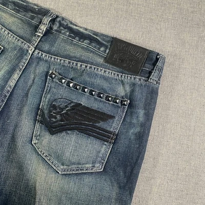 Ecko Unltd 男式牛仔裤宽松深色水洗镶嵌口袋 40 Y2K 滑冰者垃圾头骨 — 第 1/4 张图片