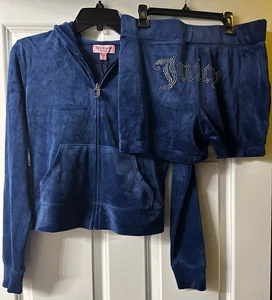 Neu mit Etikett Juicy Couture blau Velours Glitzer Hoodie & Shorts Set Größe S Small - Bild 1 von 7