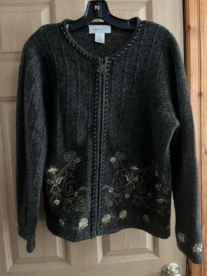 Susan Bristol 100% Wool  Full Zip Women’s Cardigan Sweater  With Embroidery SZ L - Image 1 of 4
