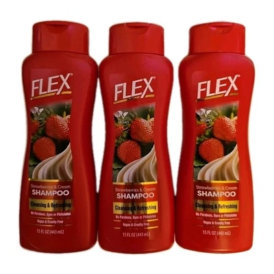 Champú Flex Fresas y Crema Paquete de 3 15 fl oz Vegano Hidratante Limpieza Diaria Foto 1 de 4