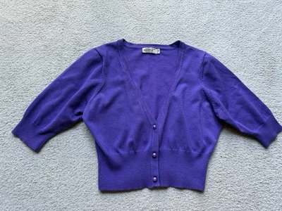 One World Womens Purple Cropped Cardigan Button Up Sweater Half Sleeve V Neck PM Foto 1 de 4