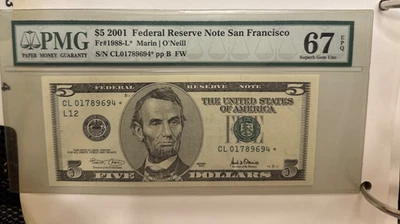 $5 2003 Federal Reserve Star Note Currency Bank Note Bill Superb Gem 67 EPQ PMG - Image 1 of 2