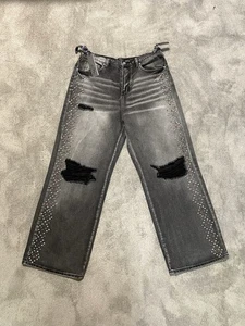 Pantalones de mezclilla HMDD cristal estrás tachonados talla M Happy Memories Don't Die nuevos con etiquetas - Imagen 1 de 18