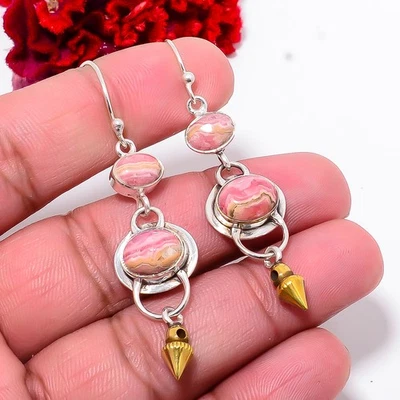 Rhodochrosite - Argentina 925 Silver Two Tone Arrow Head Earring 2.34" E102846 - Image 1 of 4