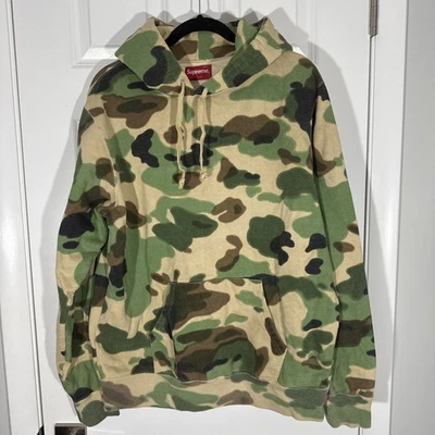 Supreme Hoodie Mens Medium Camo Pullover Sweatshirt Embroidered Logo Overdyed - Image 1 of 4