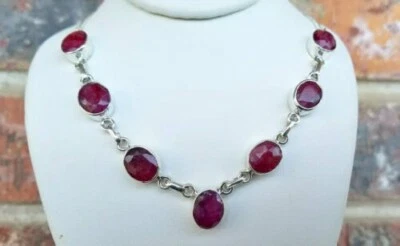 Designer Facettiert Rubin Oval Edelstein 925 Sterlingsilber Halskette Hochzeit - Bild 1 von 4