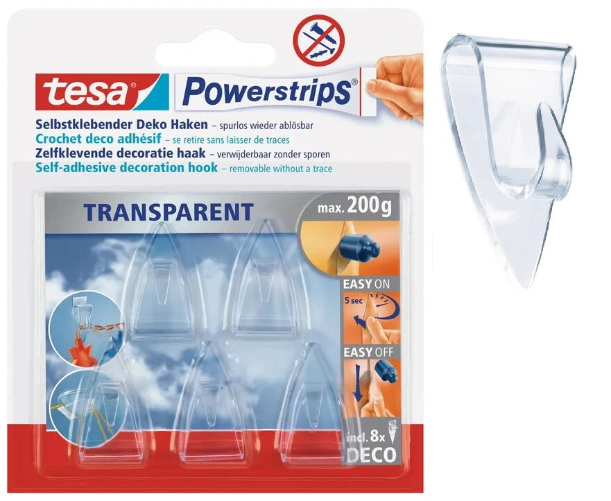 Tesa ® Powerstrips selbstklebende Deko - Haken (5 Stck.) transparent Klebehaken - Bild 1 von 1