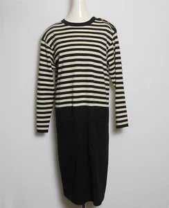 Vtg Women's 1970s SAKS FIFTH AVENUE Beige & Black Striped Workwear Dress Sz 10 - Picture 1 of 7