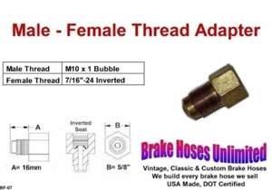 Brake Line Thread Adapter, Male M10 x 1 Bubble, Female 7/16" x 24 Inverted - Picture 1 of 1