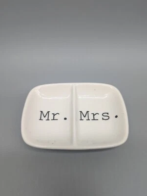 Mr. & Mrs  Ceramic Two Section Ring Dish White Marriage Wedding - Image 1 of 4