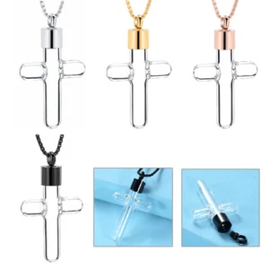 Clear Glass Cross Urn Pendant Hollow Necklace for Ashes Sand Liquid Jewelry Gift - Picture 1 of 18