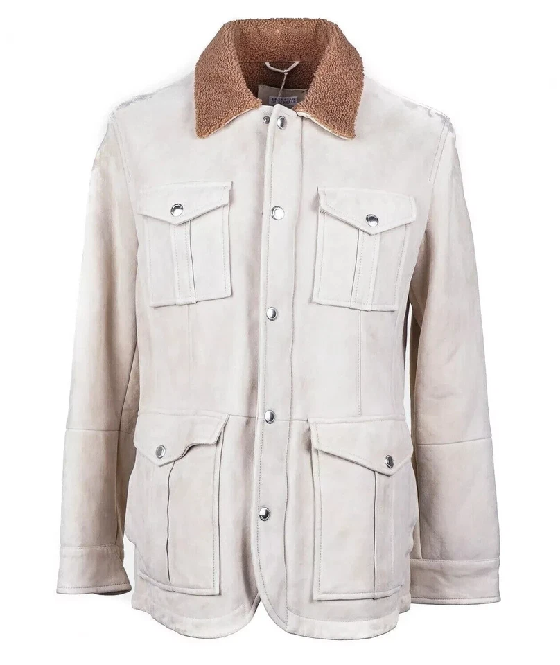BRUNELLO CUCINELLI Ivory Lamb Shearling Fur Suede Parka Coat Jacket 50 EU Medium - Image 1 of 4