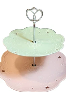 Two Tier Cake Stand Pink Mint Green Snack Tea Dessert Serving Tray Changeable - Picture 1 of 16