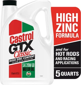 Aceite de motor Castrol GTX Classic 20W-50 5 cuartos de galón alto zinc protección contra el desgaste aceite de motor - Imagen 1 de 5