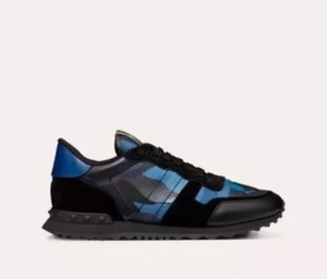 Valentino Garavani Camouflage Rockrunner Blue Black leather sneakers 44 Uk 10 - Picture 1 of 24