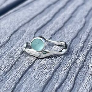 Upcycled Freeform Organic Sterling Silver Ring With Light Blue Sea Glass Size 7
