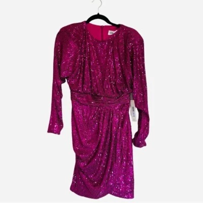 Nuevo con etiquetas Vestido drapeado manga larga cuello joya lentejuelas ELIZA J 6 rosa magenta Foto 1 de 4