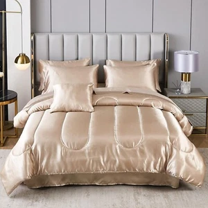 Silk Like Taupe Comforter Set Satin Queen Bed in a Bag 8 Pieces Sexy Taupe Queen - Picture 1 of 9