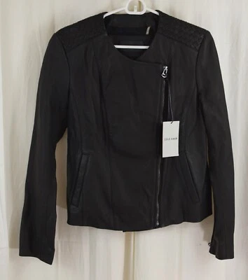 Chaqueta para mujer Cole Haan tejido canasta hombro piel de cordero negra talla grande Foto 1 de 3