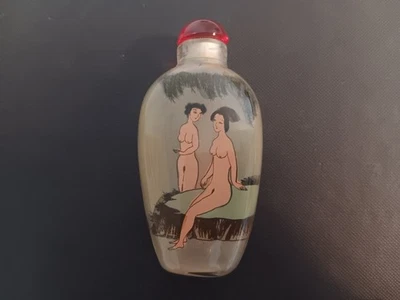 Vintage Chinese Snuff Scent Bottle Hand Painted Inside Reverse Glass Nude Women - Image 1 of 4