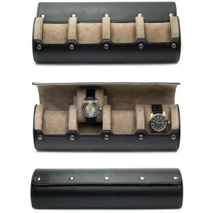 Watch Travel Case Leather - 4 Slot Organiser Box Roll (Black/Brown) Luxury Roll - Picture 1 of 8
