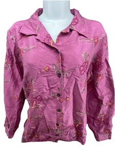 Coldwater Creek Silk Blouse Size PL Magenta Embroidered Floral Button Up Artsy - Picture 1 of 16
