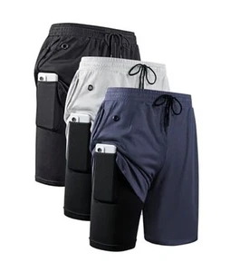 3 Pack Mens 2 in 1 Running Shorts Quick Dry Gym Large 3 Pack-black/Grey/Navy - Picture 1 of 7